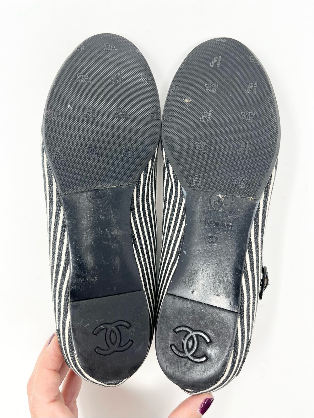 Vintage Vtg Chanel Mary Jane Ballet Flats Black White Striped Cap Toe CC Logo 37 - Picture 9 of 11